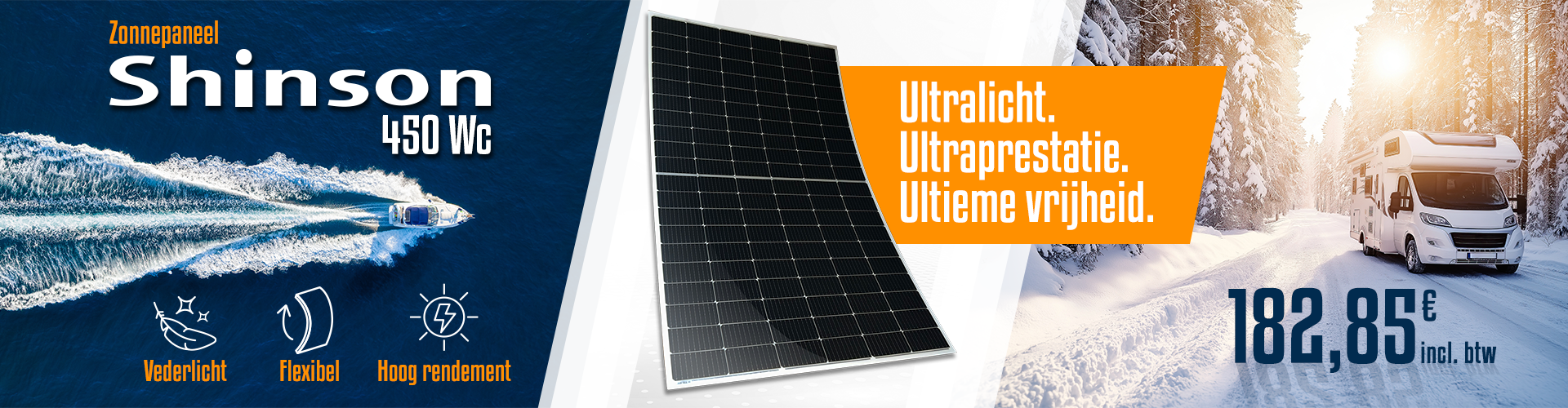 Shinson-zonnepaneel: vederlicht, flexibel. Een ultralicht, uiterst krachtig product voor ultieme vrijheid, voor een prijs van € 182,85 incl. btw.